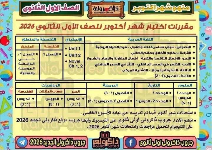مقررات شهر أكتوبر 2027 لجميع المراحل والصفوف الدرا